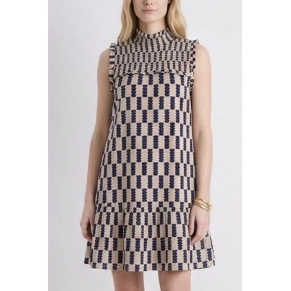 THML Geometric Print Smocked High Neck Tiered Ruffle Sleeveless Dress Medium